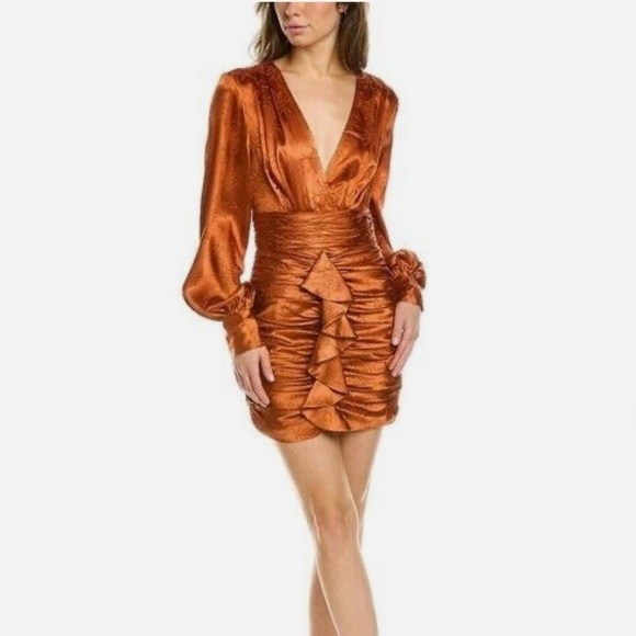 Ronny Kobo Collection Dresses & Skirts - Ronny Kobo Carissa brownish orange jacquard ruffle deep v mini dress